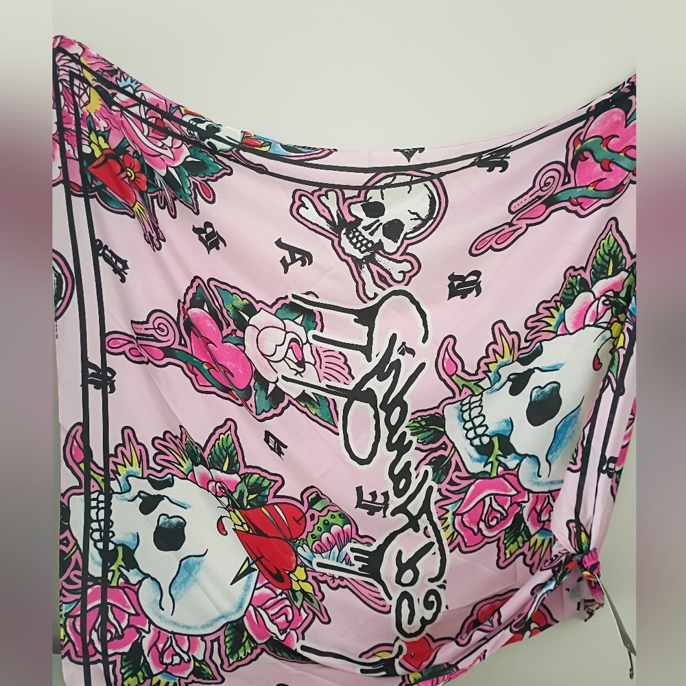 New Ed Hardy pink, multi-function scarf with a skull and roses tattoo print. - Picture 3 of 5
